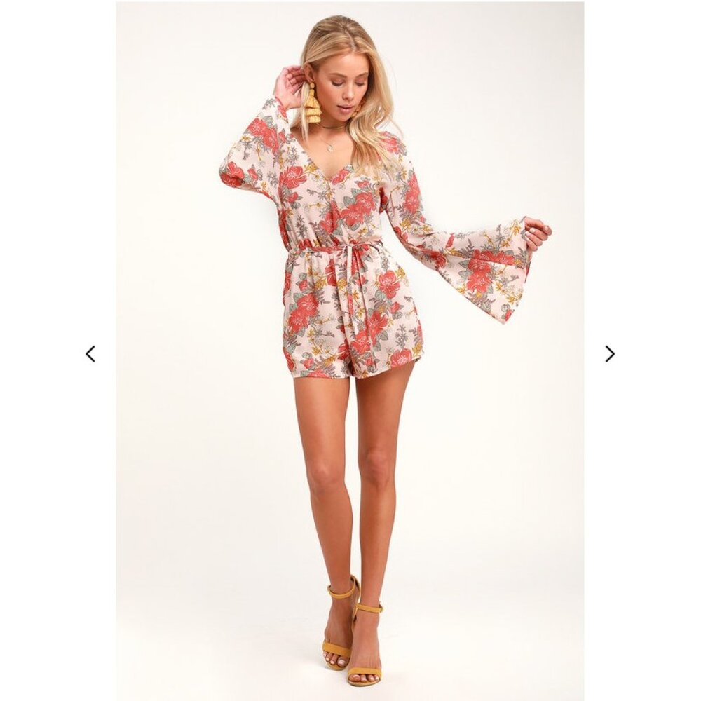New Lulus Romper Medium Always Thriving Blush Pink Floral Bell Sleeve Dress